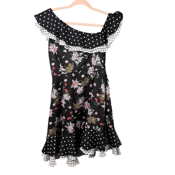 Anthropologie Lea And Viola One Shoulder Dress Black Ruffle Polka Dots Size S - Picture 1 of 10